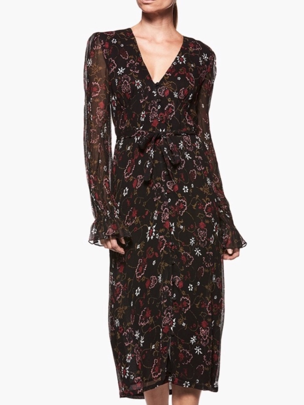 PAIGE Black Floral Midi Dress Romantic Sheer Sleeve Boho Dress Size S